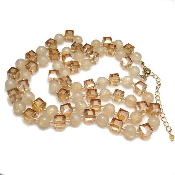 Square Crystal Light Topaz Crackle Glass Beaded Long Necklace, 40" Hand-knotted - Picture 9 of 10